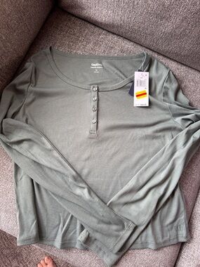 GAP Ribbed Henley Long Sleeve Top - Sage